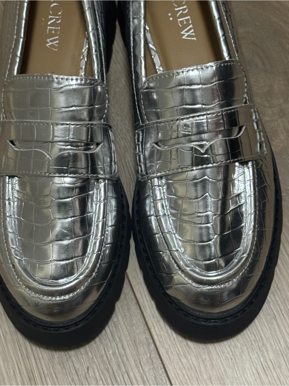 J. Crew Winona Lugsole Penny Loafers Metallic Silver Croc-Embossed Faux Leather - Picture 4 of 8